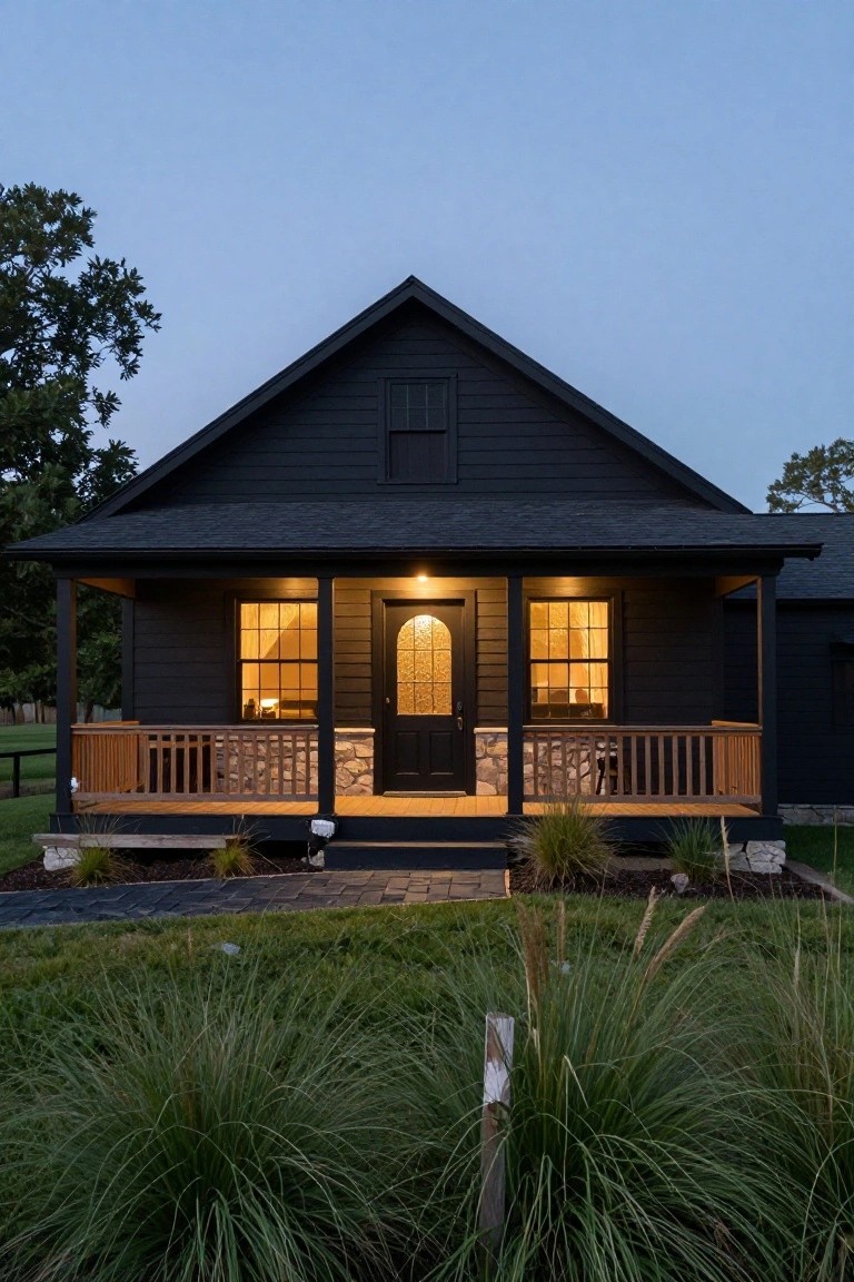 Black Farmhouse with Wood Porch