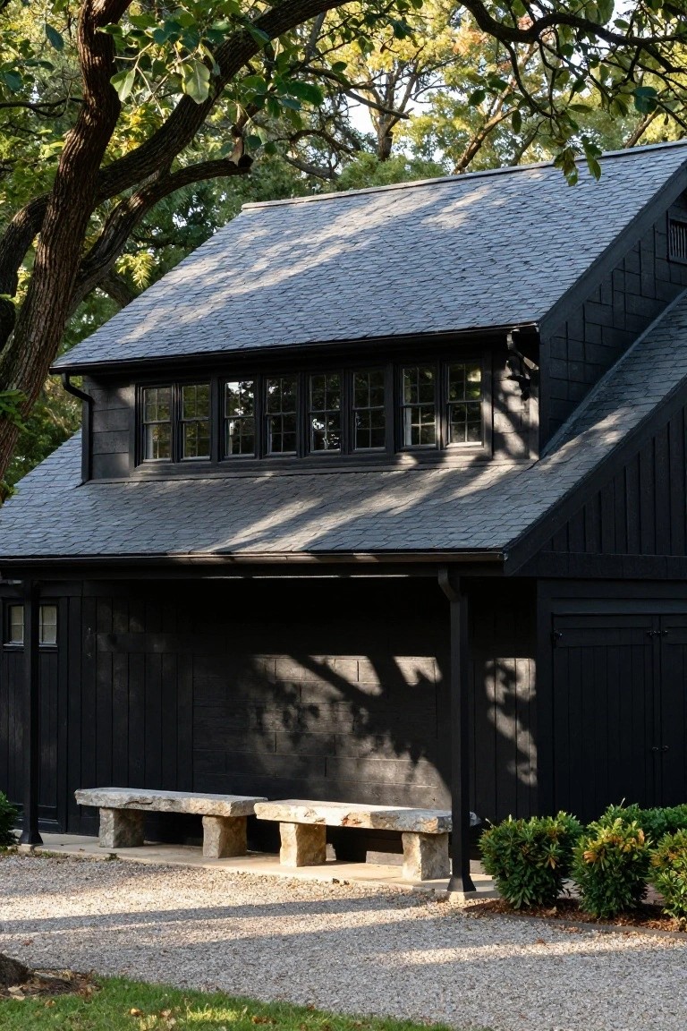 Black shingled gabled garage with board-and-batten siding, upper multipane windows, dark wood door, two rough stone slab benches on gravel path in front, boxwood shrubs, and overhanging trees.