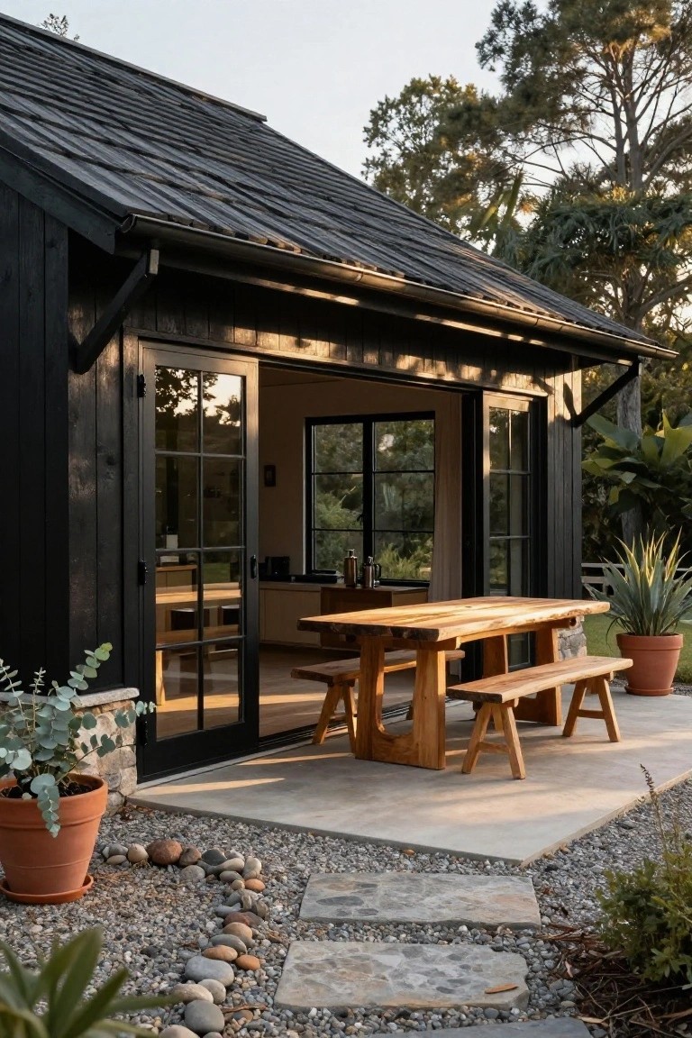 Black wood-clad gabled outbuilding with large open black-framed glass doors revealing an interior kitchen, adjacent concrete patio with wooden dining table and benches, gravel edging, potted plants, and surrounding trees and shrubs.