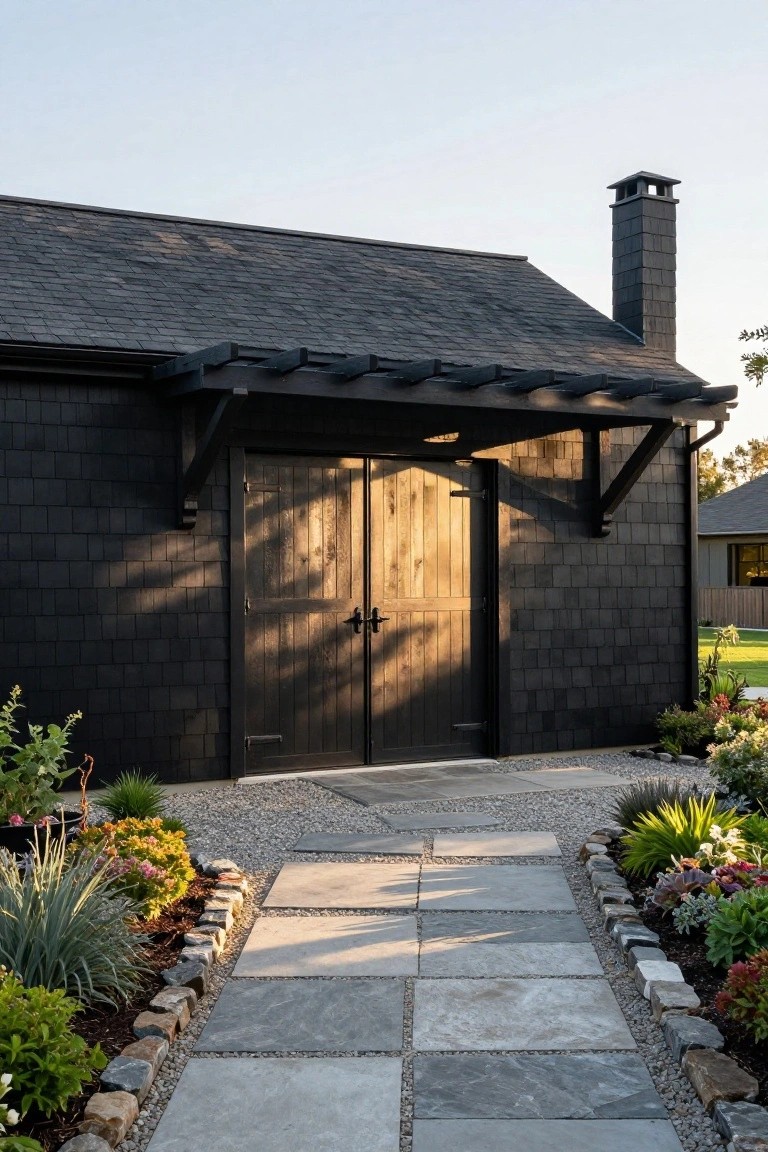 Black shingled garage building with double wooden barn doors under a wooden pergola overhang, stone and gravel pathway leading to entry, surrounded by gravel beds with succulents and low plants.
