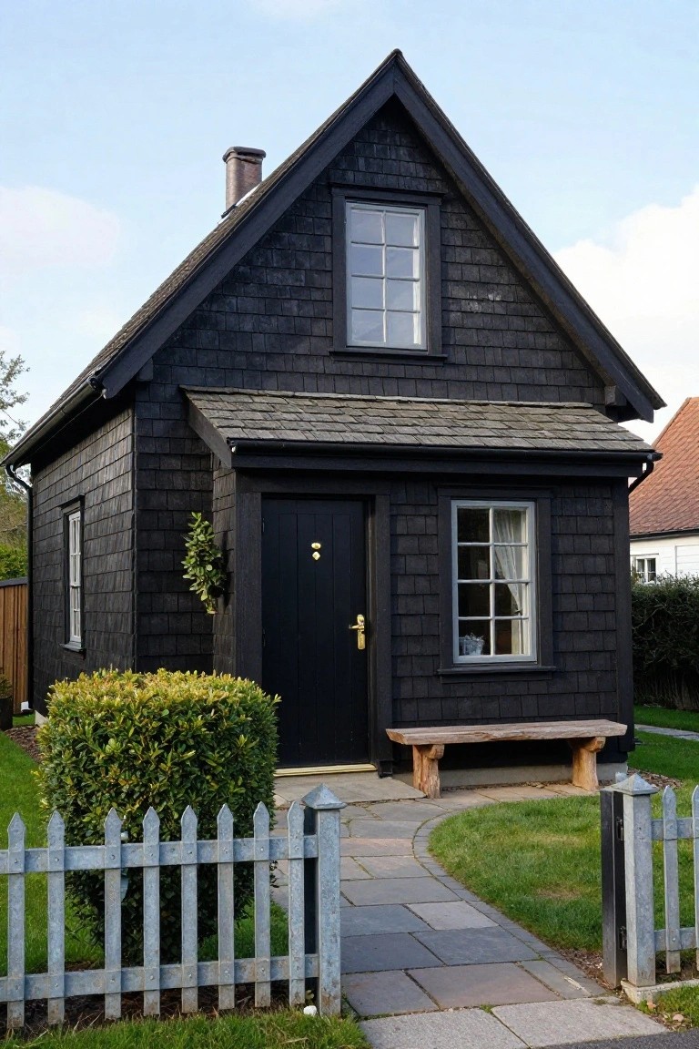 A small gabled house clad in black shingles with a front porch, black door, side windows, wooden bench, boxwood shrubs, white picket fence, and curved stone path.