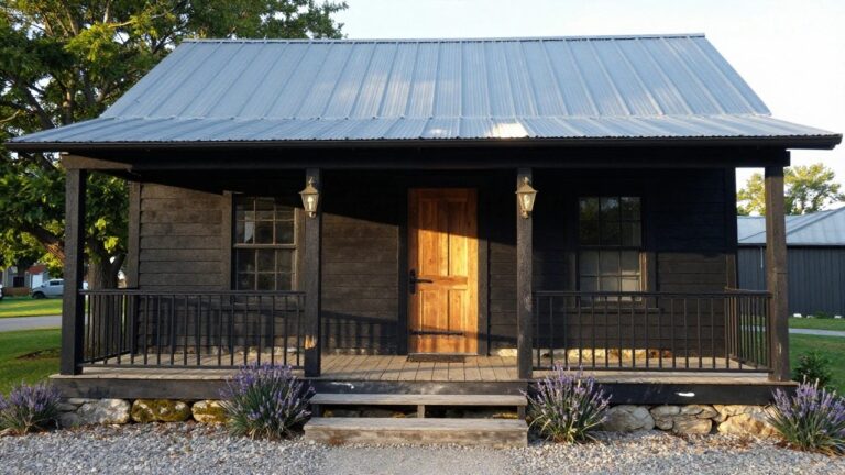 Front view of a small black-shingled house with gabled metal roof, covered porch supported by wooden posts, double-hung window, wooden panel door, lantern light, lavender plants, stone steps, and gravel yard.
