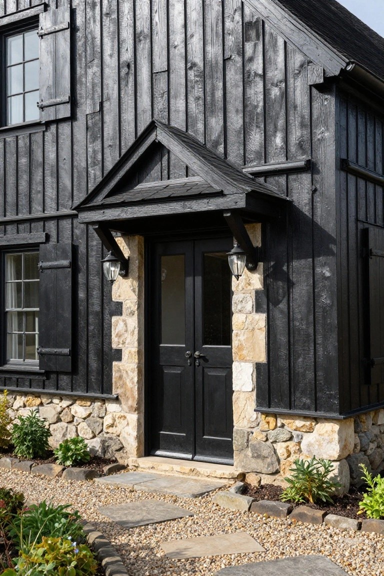 Front view of a black board-and-batten wood house exterior with light stone pillars framing black double doors, wall-mounted lanterns, and a gravel path edged by plants.