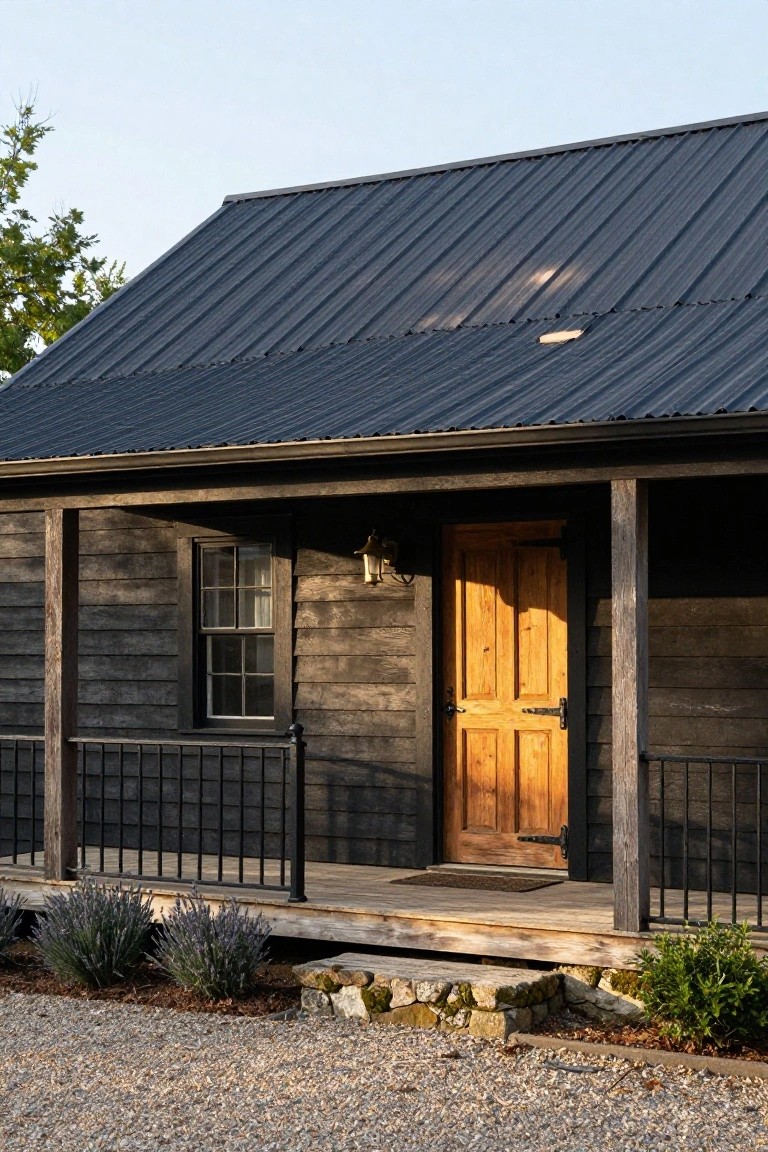 Front view of a small black-shingled house with gabled metal roof, covered porch supported by wooden posts, double-hung window, wooden panel door, lantern light, lavender plants, stone steps, and gravel yard.