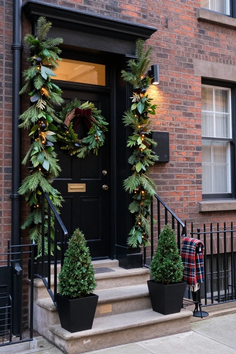 Black front door on brick townhouse with evergreen garlands draped along door frame and sides, red-ribbon wreath on door, string lights, potted topiary trees on steps, and plaid throw on railing.