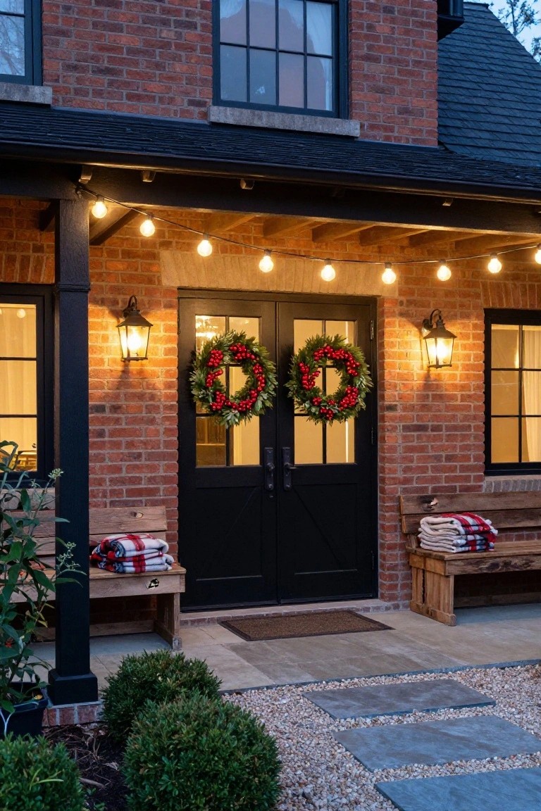 Brick house facade with black double front doors each hung with an evergreen wreath featuring red berries, flanked by wall lanterns, string lights strung along the porch roofline, plaid blankets on wooden benches, and stone pavers leading to the entry.