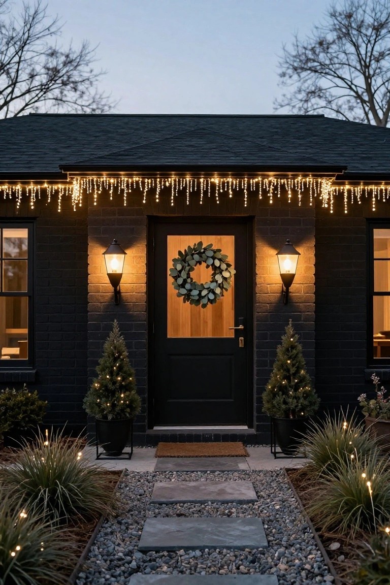 Black brick house exterior at dusk with icicle string lights hanging from the roofline, two lanterns flanking a front door with eucalyptus wreath, small lit potted trees on either side, and a stone pathway leading to the entry.