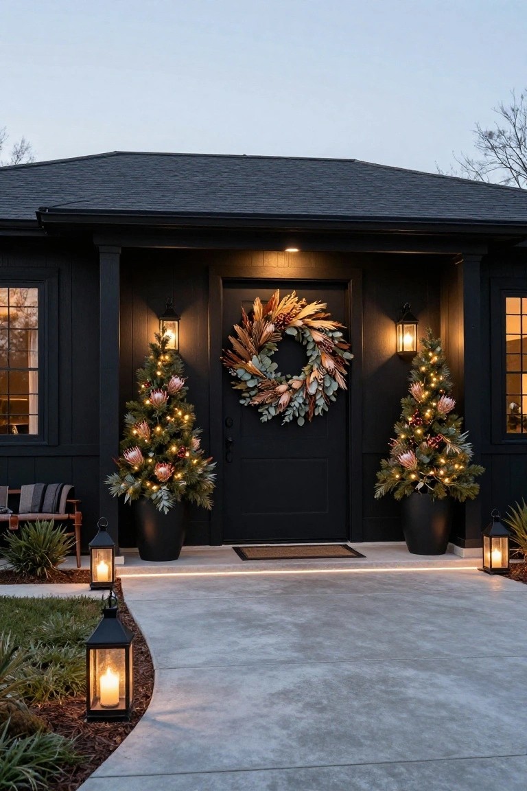 Black house front door with bronze and green wreath, flanked by two lit Christmas trees with pink protea flowers in black pots, wall lanterns lit, path lanterns, and landscaping at dusk.