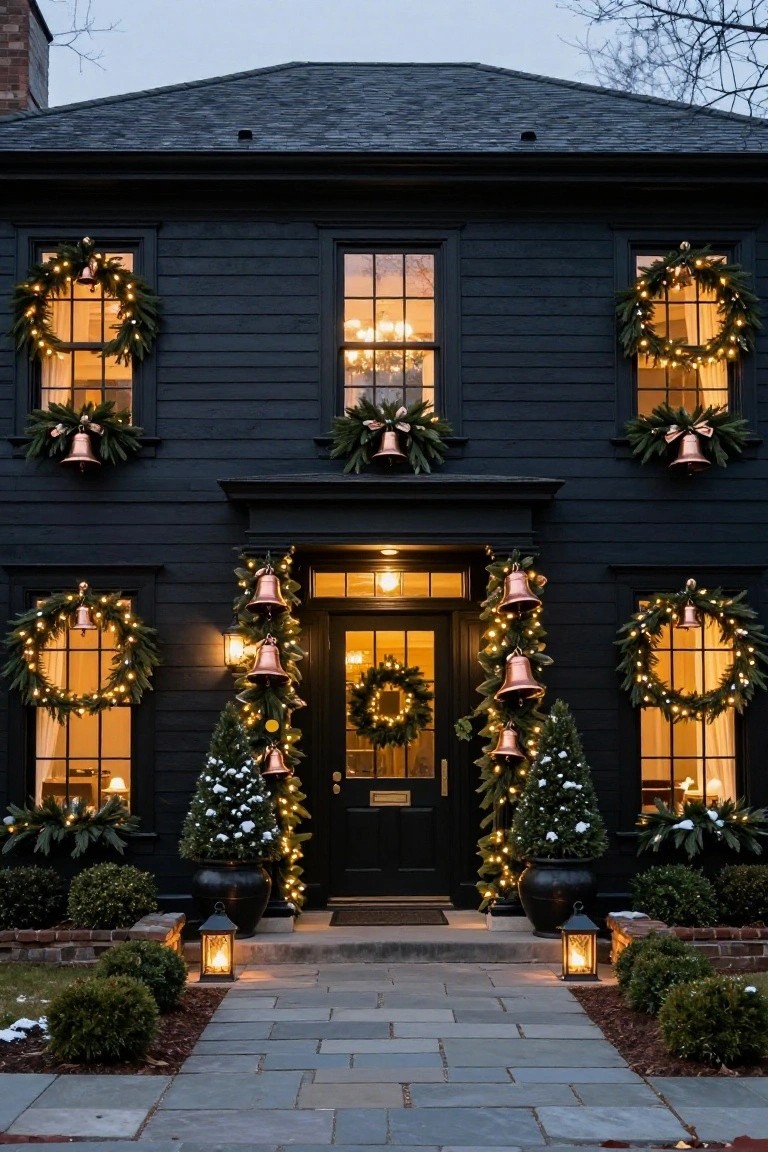 Black shingled house facade decorated for Christmas with lit evergreen wreaths on windows and door, copper bells hanging from garlands flanking the entry, small lit trees beside the door, lanterns on the stone path, and boxwoods in front.