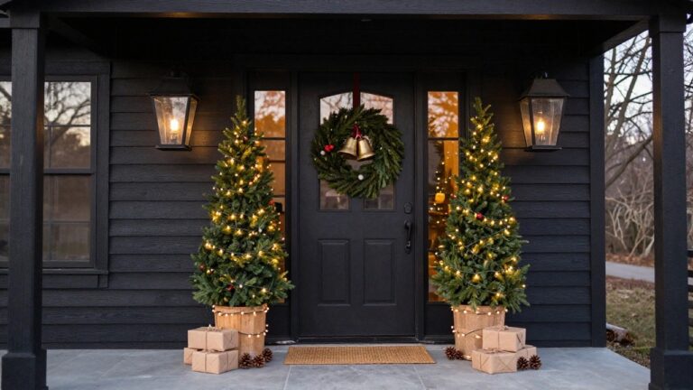 Black shingled house exterior with a front door framed by a lit evergreen wreath, flanked by two small lit Christmas trees in tall jute pots, black lanterns on the walls, and stacked wrapped gifts on stone steps.