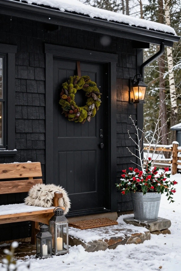 Snow-covered black shingled cabin exterior featuring a front door with green moss and pinecone wreath, wooden bench with white fur throw, two metal lanterns with candles, red holly plant in galvanized bucket, and lantern wall light.