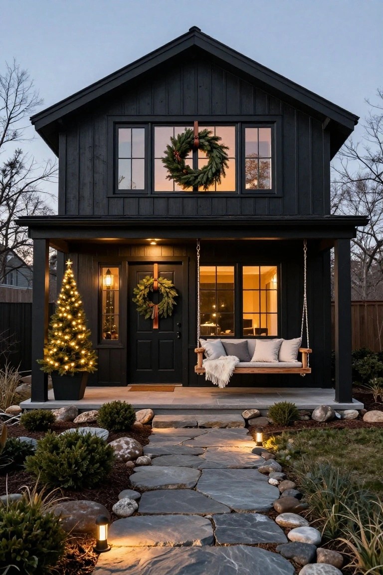 Black shingled house exterior at dusk with a small lit Christmas tree in a pot beside the front door, wreaths on the door and upper windows, porch swing with pillows and blanket, stone pathway with solar lights, and low shrubs and rocks in the yard.