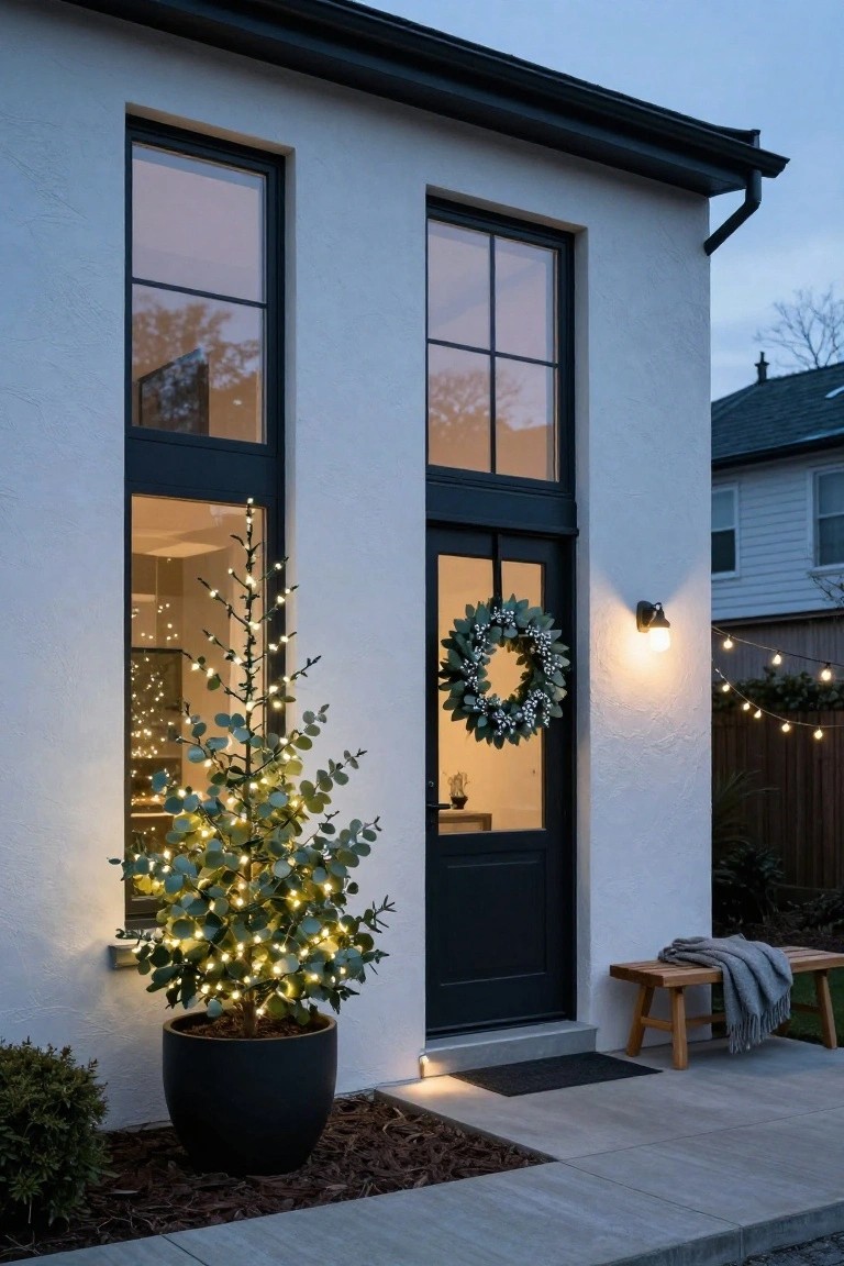 White stucco house with black-framed windows and black front door at dusk, featuring a lit eucalyptus tree in black pot next to the door, eucalyptus wreath on door, wall lantern, string lights, wooden bench with gray blanket, and mulch bed.