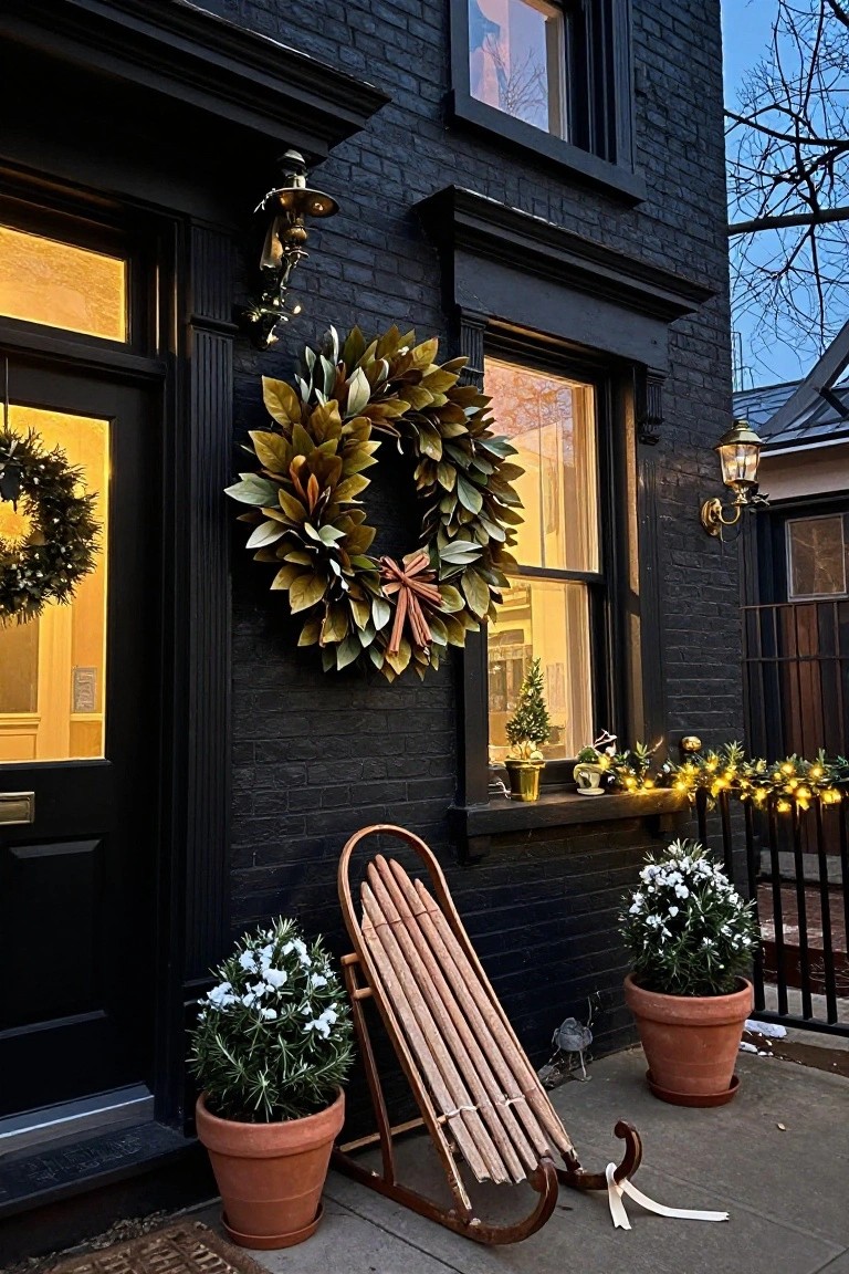 Black brick house facade at dusk with large magnolia wreath on front door, smaller wreath on window, potted rosemary plants, wooden sleigh, string lights on windowsill, and brass lanterns.