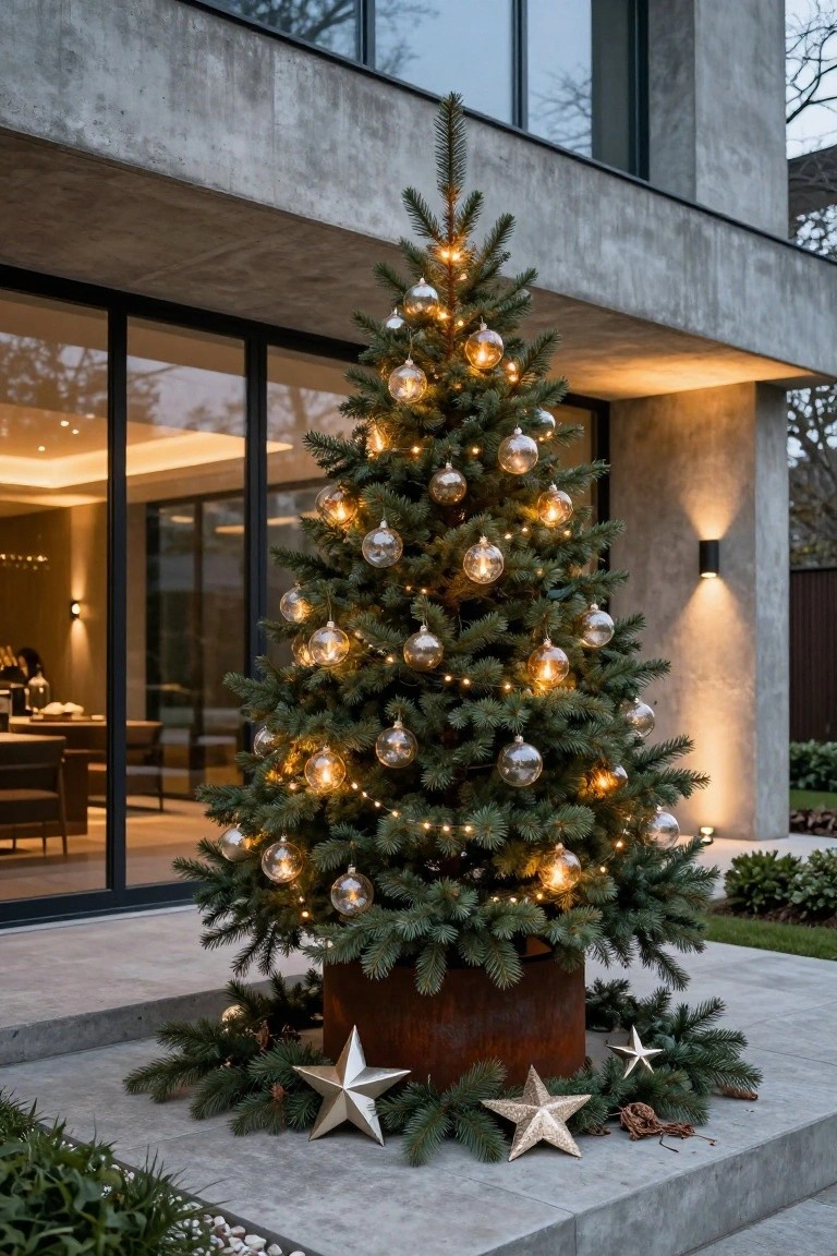 A decorated Norway spruce Christmas tree with warm string lights and clear glass ornaments stands in a rusted metal pot on a concrete step outside a modern gray concrete house with large glass sliding doors and wall lights.