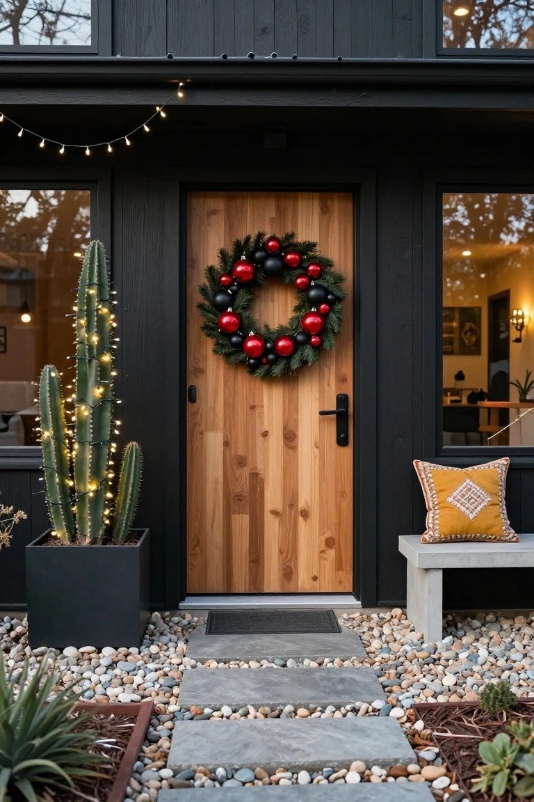 Front view of a modern black house exterior featuring a wooden door with a large Christmas wreath of red and black ornaments, a lit cactus plant in a black pot to the left, a bench with a yellow pillow to the right, string lights along the eaves, and a stone pathway leading to the door.
