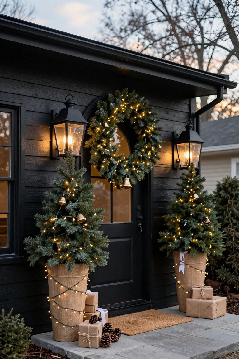 Black shingled house exterior with a front door framed by a lit evergreen wreath, flanked by two small lit Christmas trees in tall jute pots, black lanterns on the walls, and stacked wrapped gifts on stone steps.