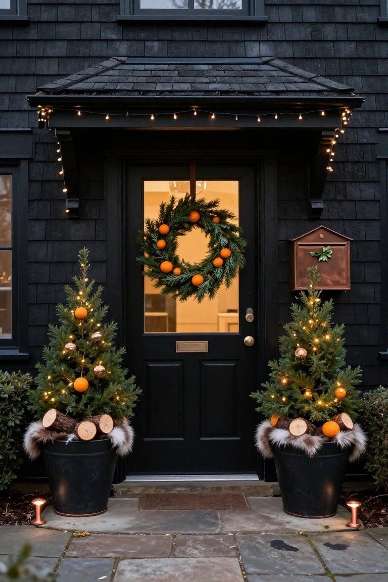 Black shingled house with dark front door featuring a greenery wreath with oranges, flanked by two small lit evergreen trees decorated with oranges, gold ornaments, and wood slices in black pots, string lights overhead, copper lantern lights on stone path at dusk.