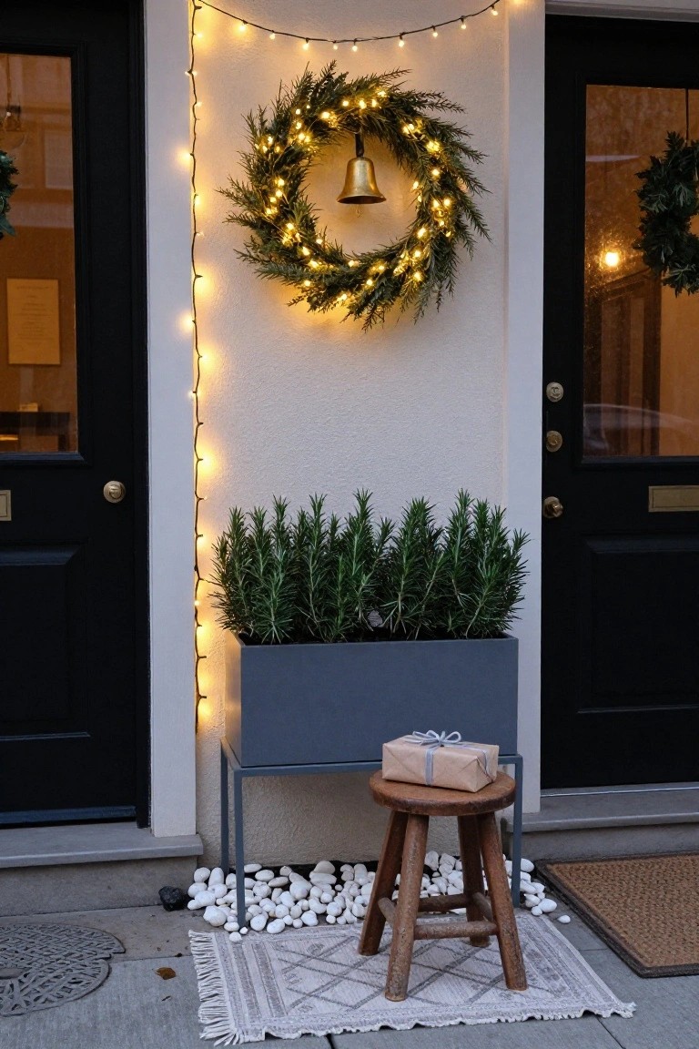 Two black front doors flanked by a vertical string of warm lights on a white wall, with lit evergreen wreaths, a gray planter of rosemary plants, a wooden stool holding a wrapped gift box, white pebbles, and woven rugs on a concrete porch.