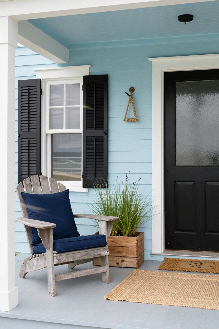 Light blue clapboard house porch with black louvered shutters on side window, black paneled front door with glass panel, weathered wooden Adirondack chair with navy cushions, wooden box of ornamental grasses, nautical rope anchor decoration on wall, and seagrass doormat on gray decking.
