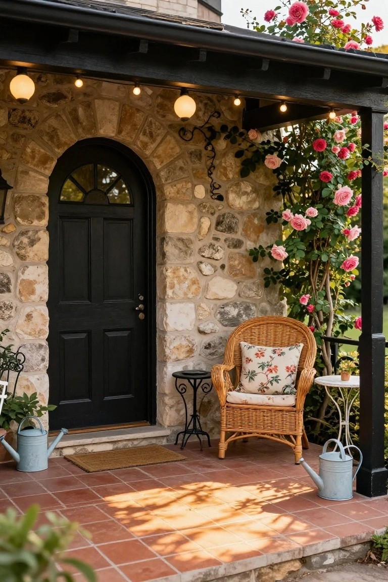 Rustic stone arched entryway with black double doors, black porch framing, climbing pink roses on columns, wicker armchair with cushion on small table, blue watering cans, string lights, and terracotta tile porch.