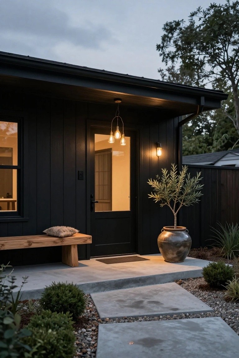 Black wood-clad house exterior featuring a front glass door, wooden bench with cushion on concrete porch, olive tree in large pot, pendant lights, wall light, and gravel landscaping at dusk.