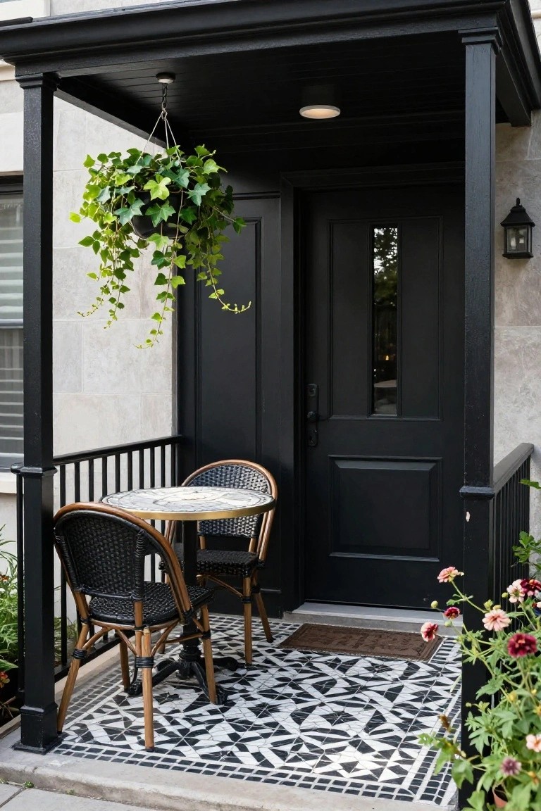 Black double front door on a covered porch with black columns and ceiling, hanging ivy plant, recessed light, wall lantern, small round mosaic table with two woven chairs on black-and-white geometric tile floor, plus potted flowers and doormat.