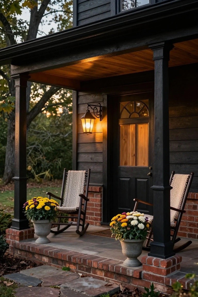 Black wood-shingled house with covered front porch, hanging lit lanterns, wooden door with glass panel, two wicker rocking chairs with knitted blankets, potted mum flowers, brick porch piers, and autumn trees at dusk.