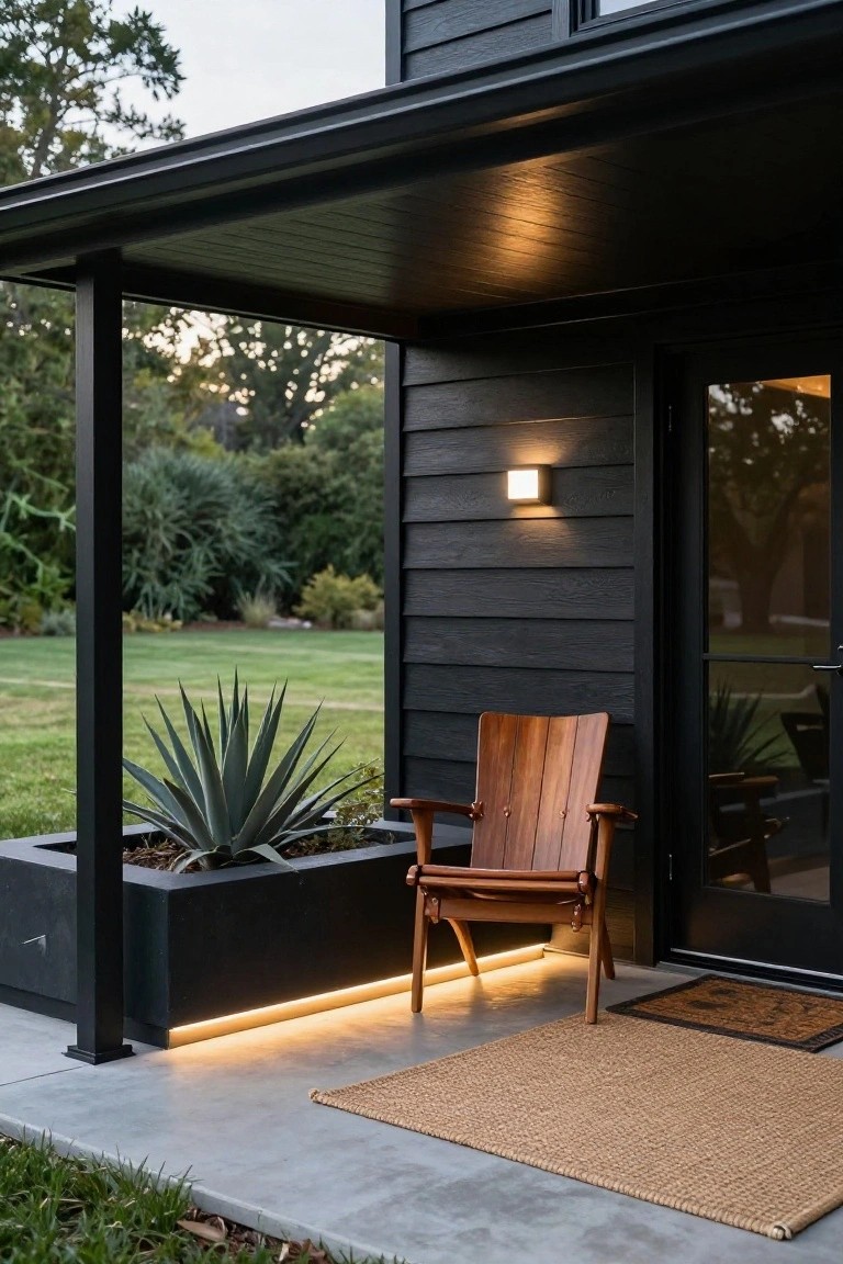 Black shiplap sided house exterior with covered porch, wooden arm chair, black rectangular planter containing agave plant, LED strip lighting along base, wall-mounted light, seagrass doormat, and glass door.