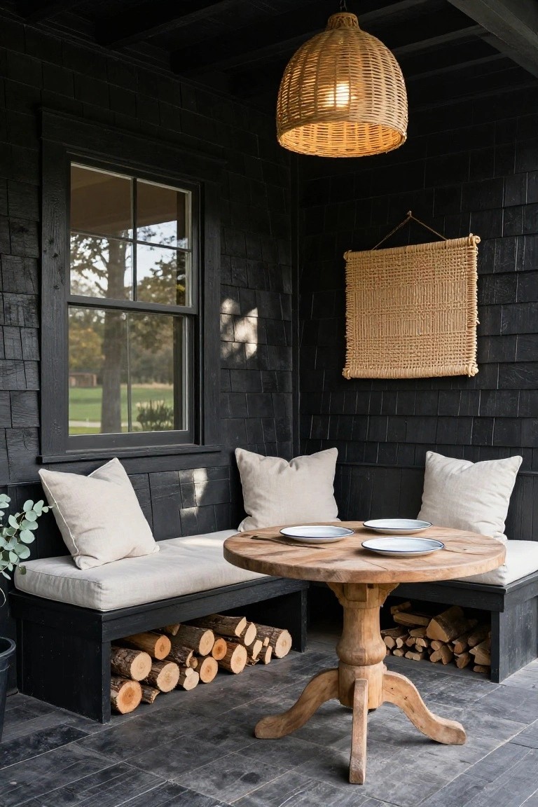 Black shingled covered porch corner featuring L-shaped built-in benches with firewood stored underneath, round wooden pedestal table with white plates, white cushions on benches, woven wall hanging, potted plant, and hanging rattan pendant light.
