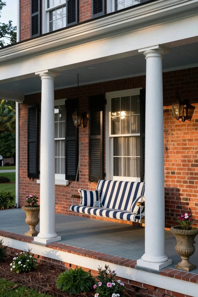 Brick house exterior with black shutters, white columns supporting a covered porch, blue and white striped hanging swing with pillows, lanterns, and potted plants on the porch and at the base.