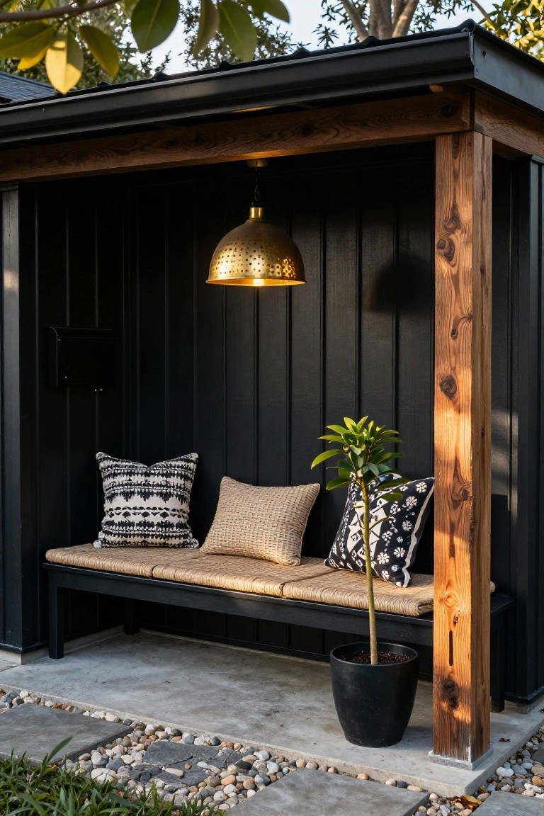 Covered outdoor bench with black shiplap walls, wood posts, brass pendant light hanging above, assorted pillows on beige cushions, potted plant in black pot, concrete patio edged with pebbles and grass.