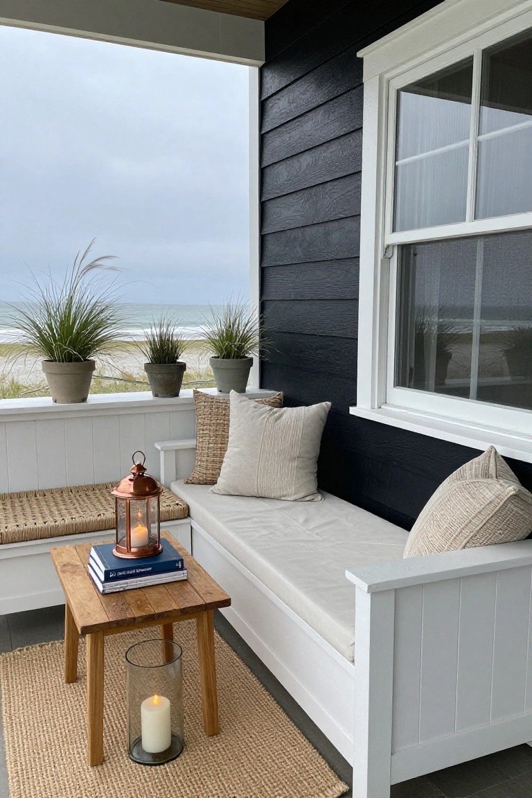 Crisp White Bench on Black Porch Wall