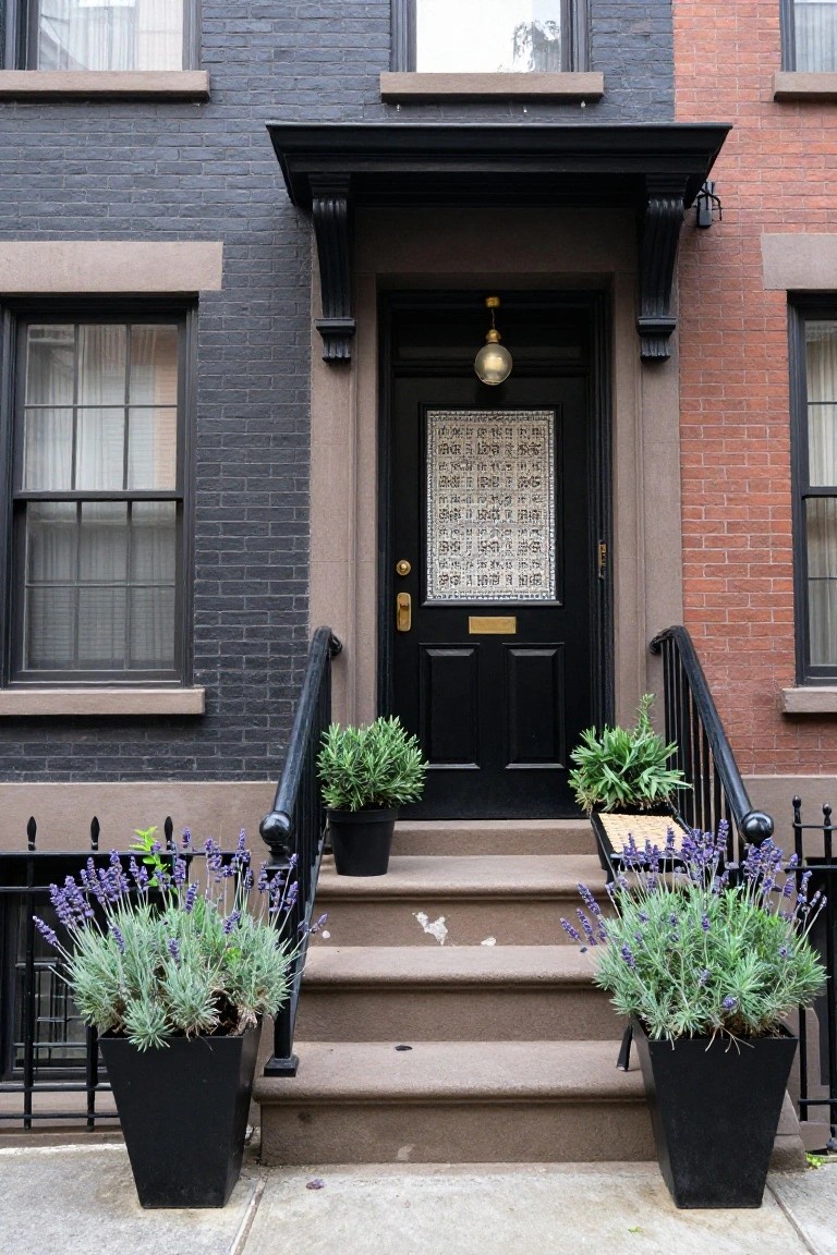 Dark gray and red brick townhouse facade with black front door featuring white mosaic panel and gold knocker, black metal railing along steps lined with black pots of lavender plants on either side.