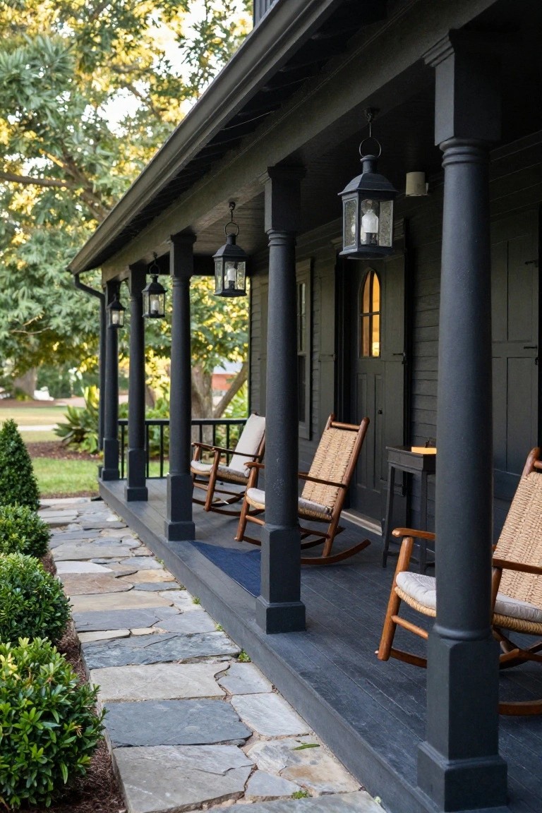 Side view of a black-painted wooden house porch with tall fluted columns, hanging black metal lanterns, three rattan rocking chairs with cushions, a small side table, and a flagstone path edged by low boxwood shrubs.
