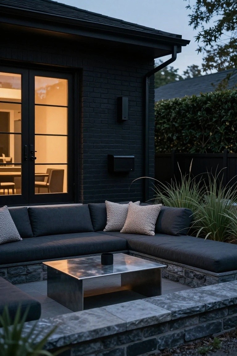 Outdoor patio at dusk with L-shaped dark gray sofa cushions, brushed metal coffee table, stone edging, next to black brick house wall and glass French doors.