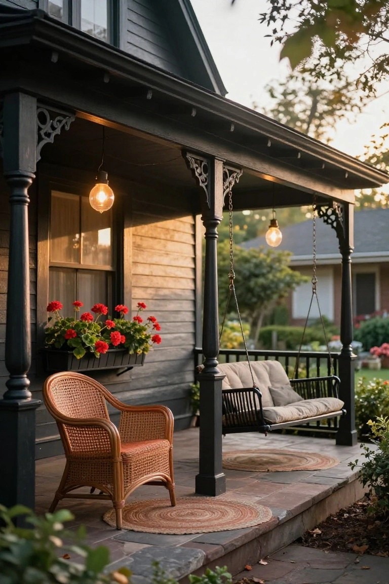 Black painted house exterior porch with rattan armchair on stone flooring, hanging swing bench with cushions, red geraniums in window box, hanging bulb lights, and seagrass rugs.