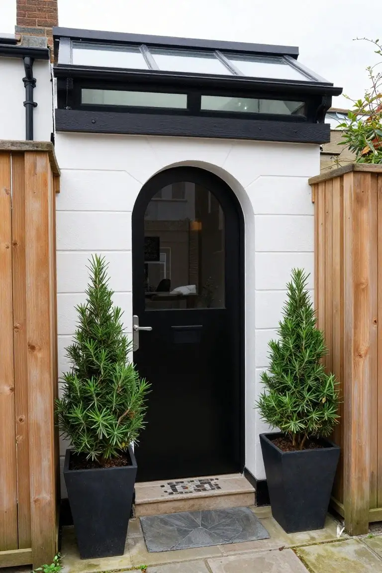White rendered exterior wall with a black arched door featuring glass panels and letterbox, under a glazed black-framed canopy, flanked by two black pots of rosemary topiary plants, wooden fences on sides, stone step and path in front.