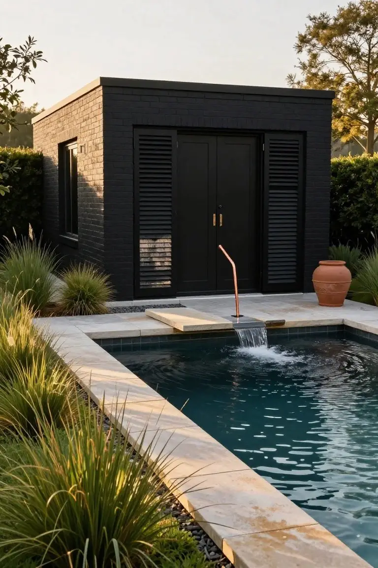 A small matte black brick cabana with louvered shutters, black double doors, and a copper water spout stands beside a rectangular turquoise pool with stone decking and ornamental grasses.
