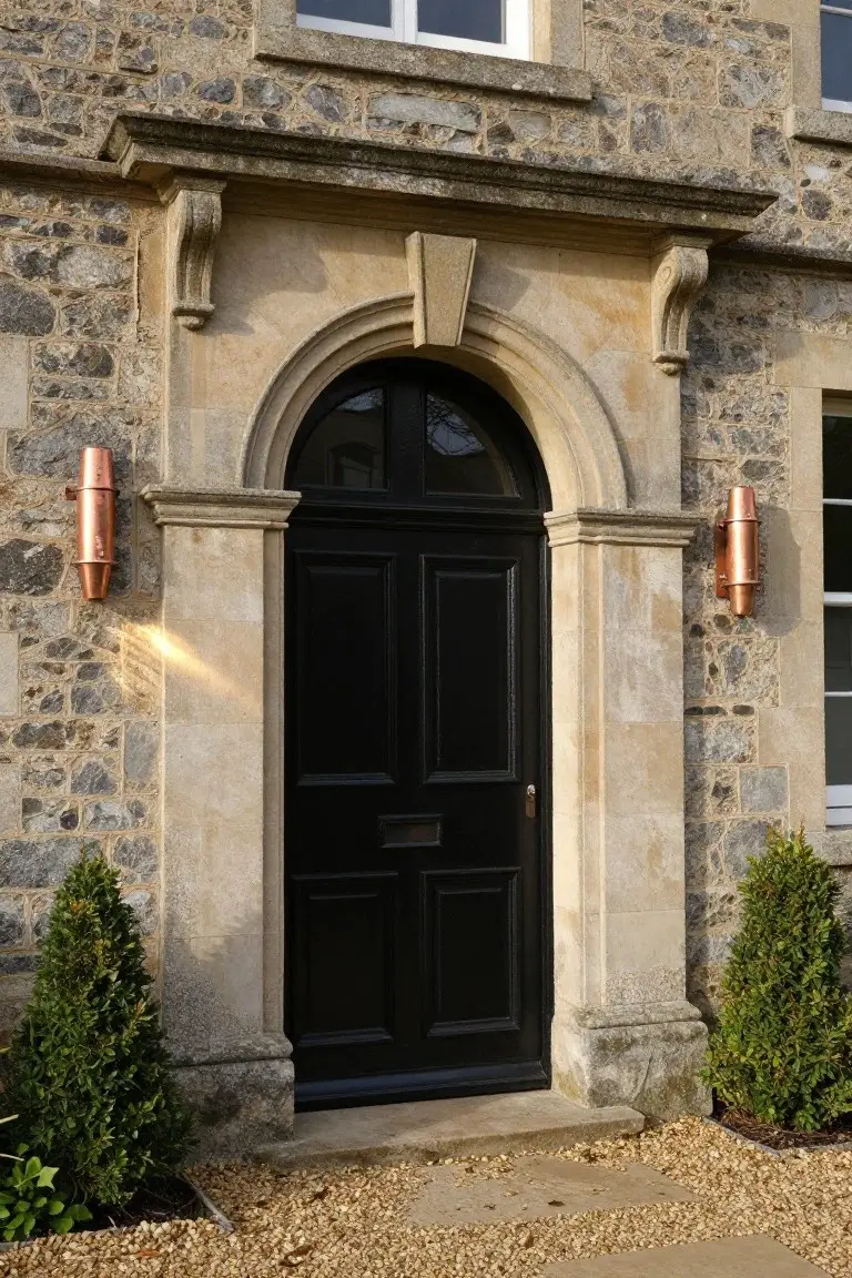 Stone house facade with black panelled front door in arched light stone porchway flanked by copper lanterns, boxwood shrubs, and gravel path.