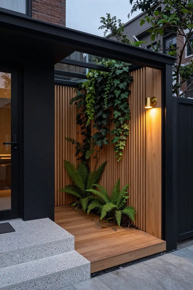 House entry alcove with black metal frame enclosing vertical timber slats covered in ivy, ferns at the base, brass wall light illuminated, wooden deck steps, and adjacent black door and fence.