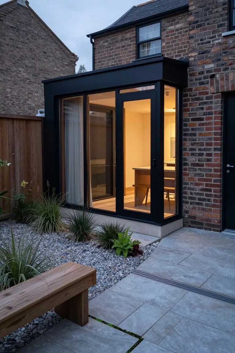 Black metal-framed glass extension with sliding doors on a traditional red brick UK terrace house, showing a glimpse of wooden dining table inside, next to a stone patio, gravel garden bed with ornamental grasses and plants, and a wooden bench.