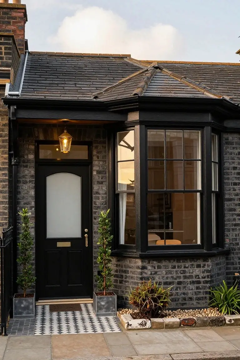 Front view of a two-story black brick terraced house with a black arched front door, black bay window, brass lantern light, potted boxwood plants flanking the door, chequered tile path, and gravel garden edging on a paved street.