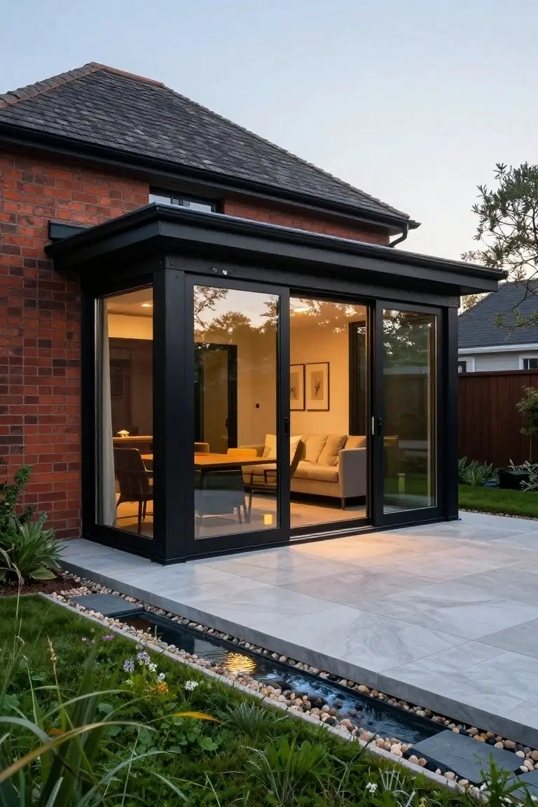 Red brick house with attached black-framed glass extension featuring sliding doors, opening onto a light gray stone patio edged by a water channel and garden plants at dusk.