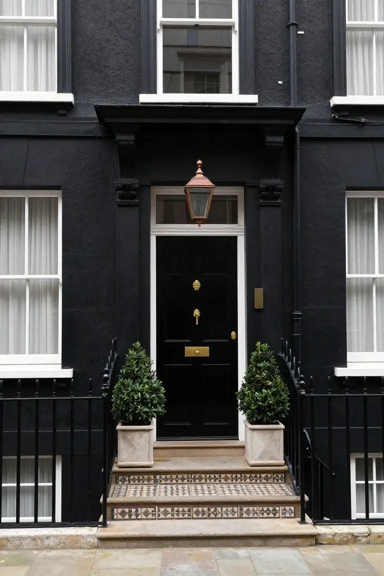Black-painted narrow terraced house facade with white sash windows, glossy black front door featuring brass knocker and letterbox, gold door bell, flanked by stone pots of boxwood topiaries on black iron railings, and mosaic-tiled steps leading to the entrance.
