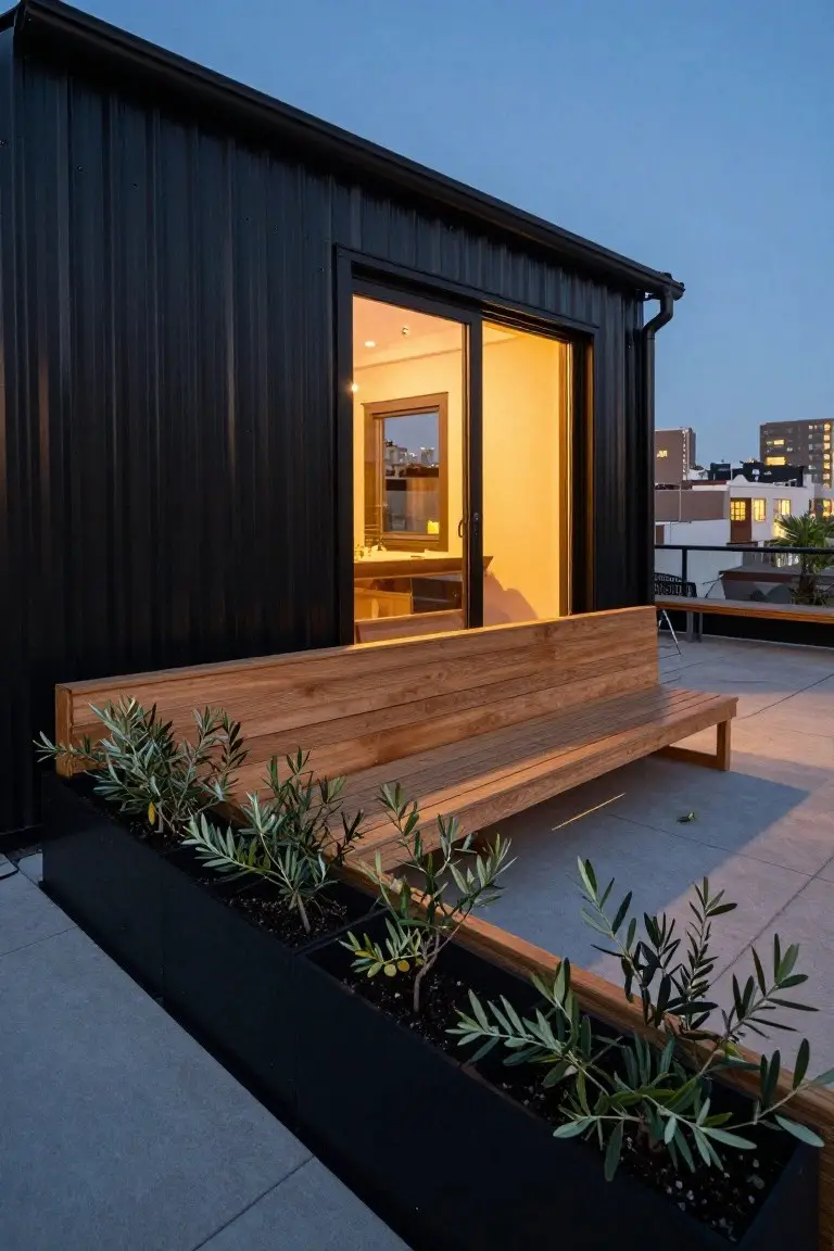 Black corrugated metal structure on a rooftop terrace with open sliding glass door showing warm yellow interior lighting, adjacent wooden bench, black planters with olive trees, and city buildings in the background at dusk.