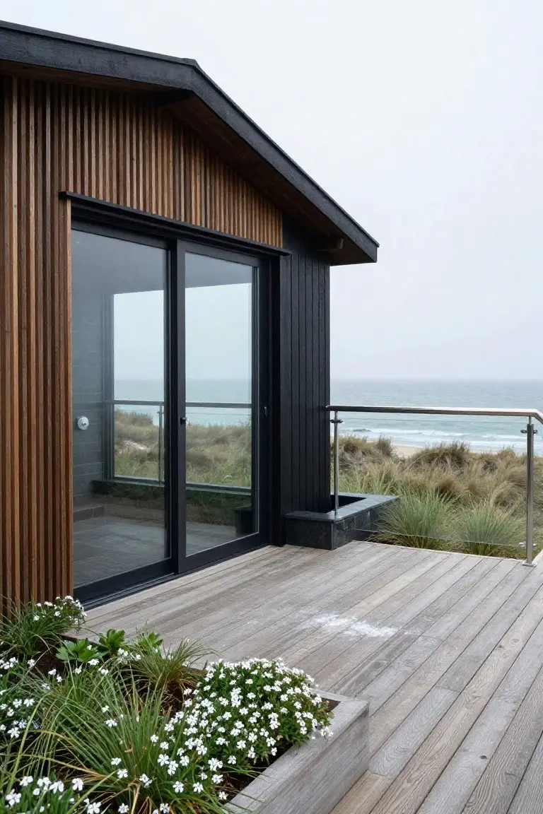 Corner view of a modern house featuring vertical cedar wood cladding, black roof and window frames, large sliding glass doors, wooden deck, planted boxes, and ocean dunes in the background.
