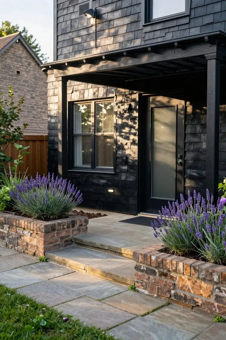 Black shingled house exterior with timber porch overhang, frosted glass front door, brick planters holding lavender bushes, and stone steps on a paved path.