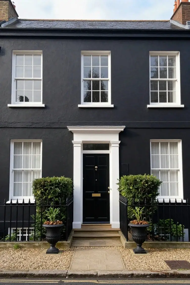 A three-storey black-painted terraced house with white sash windows, a white portico around a black front door, black iron railings, boxwood topiaries in urns, potted plants, and a gravel path in front.