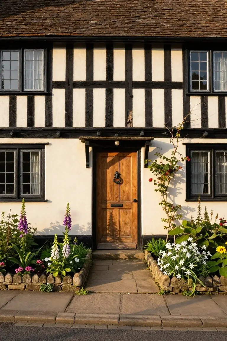 A two-story black-and-white half-timbered UK cottage with dark wooden beams, white plaster walls, a brown front door with knocker, flower beds, and a stone path.